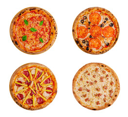 Variety of delicious pizzas arranged in a neat grid on a white background