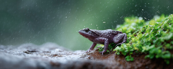 A closeup of a frog in the rain, conveying resilience, natures beauty, and the cycle of life. Ideal for environmental, conservation, or inspirational themes.