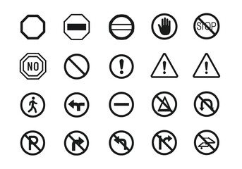 Collection of various black and white prohibition and warning signs isolated on white background, including stop, no entry, no turn, and no parking symbols