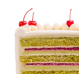 Colorful layered cake decorated with cherries on top for celebration