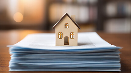 House Model on Paperwork Stack: A miniature house rests on a stack of papers, symbolizing property transactions, mortgages, or homeownership.