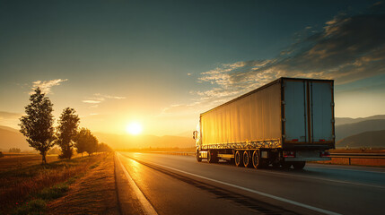 Truck on the road at sunset, a large cargo truck is moving swiftly, casting a long shadow on the road, symbolizing logistics and transportation.