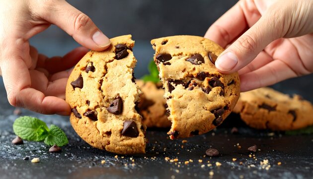 Freshly baked chocolate chip cookies, hands holding a broken cookie
