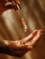 Close-up of hands applying shimmering golden cosmetic serum from dropper in warm light