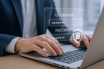 Secure Online Access: Man Typing Username and Password into Login Screen on Laptop