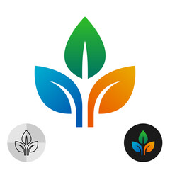 Three leaves minimalist colorful logo. Natural plant leaves geometric stylized icon. Bright colors symbol of petal composition made with elegant lines
