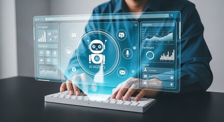 Man Interacting with AI Interface: Futuristic Technology Concept with Virtual Assistant and Data Visualization