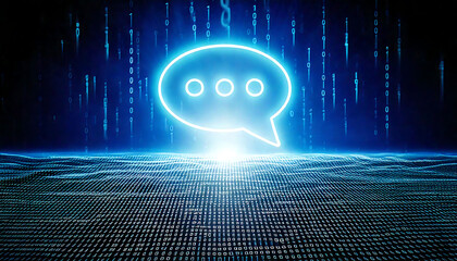 Abstract digital communication concept. Glowing speech bubble icon over binary code data stream. Perfect for tech, AI, network, and data visualization projects.