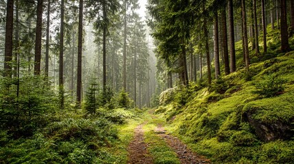 Obraz premium Lush Green Forest Trail with Tall Trees and Vibrant Moss, Ideal for Outdoor and Nature Themes