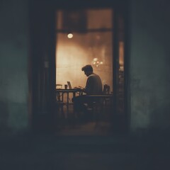 A person is working alone on a laptop in a dimly lit room, viewed through a window at night.