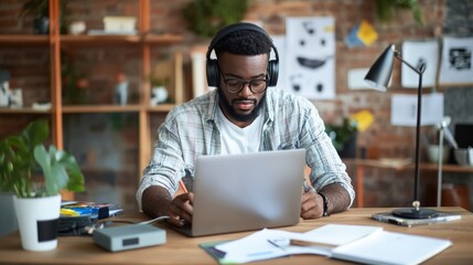 Obraz premium digital creator wearing headphones while editing video at desk, focused mood