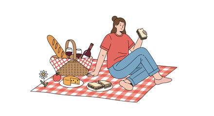 Relaxing Picnic Illustration of a Woman Enjoying Food Outdoors on a Gingham Blanket, Ideal for Summer Promotions and Lifestyle Content