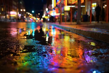 Obraz premium The wet pavement reflects vibrant lights from buildings, creating a colorful and abstract scene during the night, with blurred shapes and a sense of mystery.