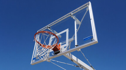 Basketball hoop against a clear blue sky. Upward shot of white backboard, orange rim, and white net. Suggests recreation, sport, activity.