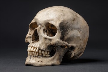 Obraz premium Grinning Skull: A Sinister Smile Against a Dark Backdrop for Halloween Themes