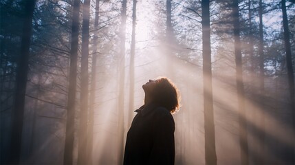 A person stands in a dense forest, looking upward as sunlight filters through tall trees, creating an ethereal, peaceful atmosphere.