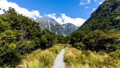 Mountain path through lush green valley