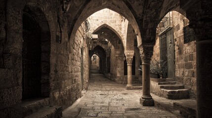 Obraz premium Antique Alleyway in the Heart of Jerusalem's Jewish Quarter: A Photograph Capturing the Charm of Ancient Architectural Elements