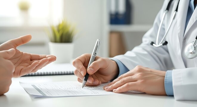 Doctor Filling Out Medical Form with Silver Pen in Bright Office