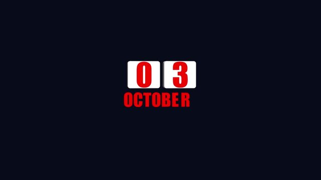 October 3rd date displayed on a dark blue background with white and red lettering third calendar . 4k video