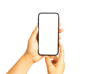Hands Holding and Tapping a Blank Screen Smartphone on transparant background, isolated, clipping path., Modern Photo Collage.