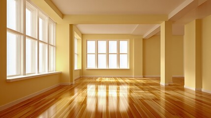 Bright Empty Room with Large Windows and Wood Flooring, Ready for Interior Design Projects