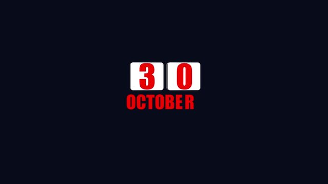 October 30th date display with red text on dark background calendar thirtieth . 4k video