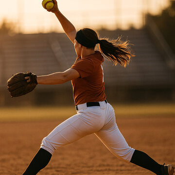 A female softball pitcher in uniform winds up for a throw on a dirt field at sunset.