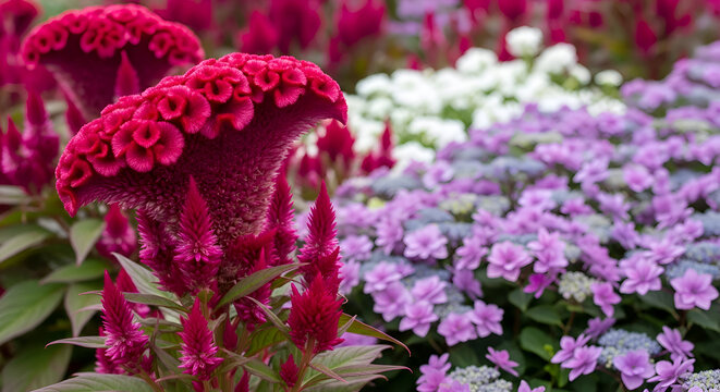 Close up of red celosia flower with purple and white flowers in the background 