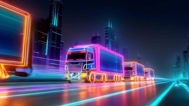 A fleet of trucks travels through a vibrant neon city with glowing streets and futuristic skyscrapers at night