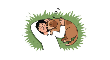 Serene Illustration of a Person Napping with Their Dog on Green Grass, Depicting Comfort and Companionship. Suitable for illustrating pet care, rest, and relaxation.