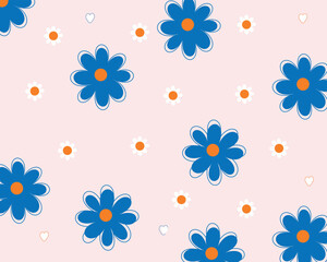 Cute blue and white daisy and heart pattern on pink background. 