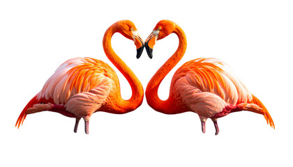 Flamingos forming a heart shape with their necks romantic wildlife isolated on white background