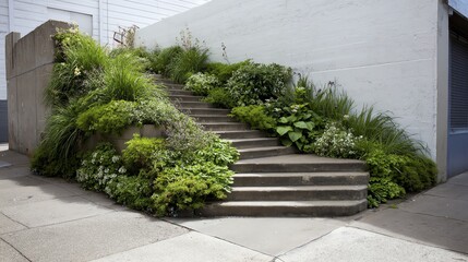 A lush, green staircase adorned with various plants and flowers, blending nature with urban architecture.