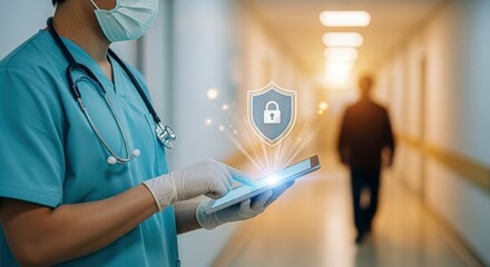 Healthcare Professional using Digital Tablet for Secure Patient Data Access in Modern Hospital Environment