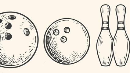 Illustration of two bowling balls with finger holes and two bowling pins in a vintage style drawing