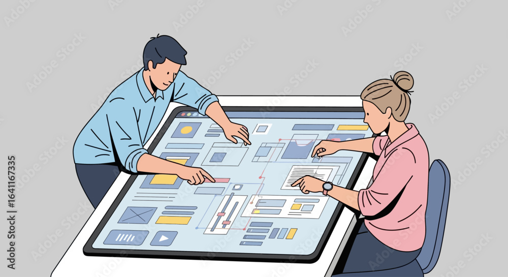 Wall mural Two people collaborate on a large interactive screen, touching and pointing at the interface elements displayed.
