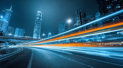 Obraz premium Dynamic Urban Nightscape with Light Trails and Modern Architecture, Capturing City's Energy and Movement