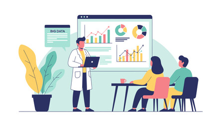 Man in lab coat presents big data analysis to colleagues, using graphs and a laptop.