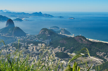 Rio de Janeiro, Brazil - May 20, 2025: View to the lagoon from Christ the Redeemer statue in Corcovado Mountain, Rio. de Janeiro, Brazil. With beautiful blue skies during winter. 