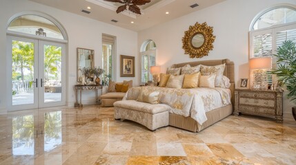 Fototapeta premium Elegant and Luxurious Master Bedroom Design with Marble Floors and Cozy Atmosphere