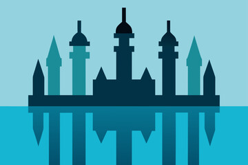 Obraz premium Silhouette of a castle reflecting on the water surface area