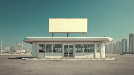 Obraz premium Retro Diner with Blank Billboard Mockup on Rooftop under a Clear Sky, Advertising Space