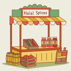 Colorful cartoon drawing of a Halal spice market stall with goods