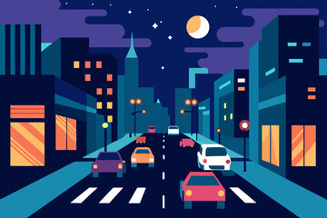 City street at night with cars and buildings illustration