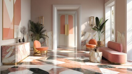 Modern Interior Design with Marble Flooring and Stylish Furniture in Pink and Green Hues