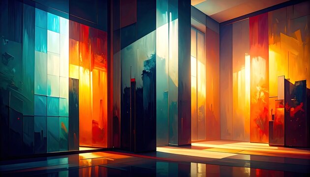 Sunlit modern interior with vibrant cityscapes depicted on glass panels