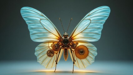 Intricate mechanical butterfly with glowing wings and gears