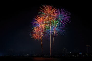 Colorful fireworks burst against a dark night sky over a city