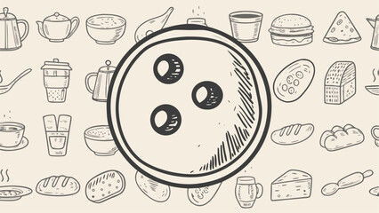 Illustration of a pizza with three olives surrounded by various kitchen and food related items sketched
